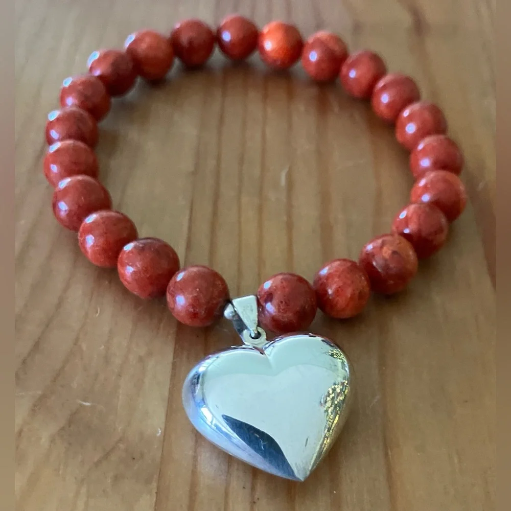 NEW Lee Sands Vintage Sterling Silver Heart Red Beaded Necklace and Bracelet Set